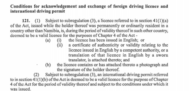 Excerpt from Namibia Government Gazette No. 2538 Conditions of foreign dirving license and international driving permit