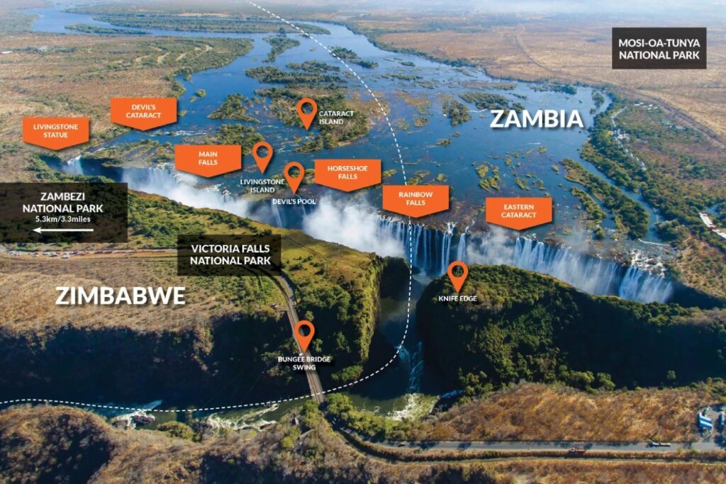 Victoria Falls areal view indicating which part lies in Zambia vs Zimbabwe