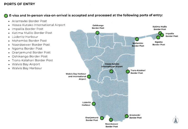 List and map of Namibia showing Ports of Entry that enable E-Visa AND VisaOnArrival Process