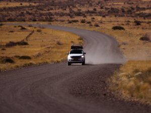 4x4 rental car on gravel road in Namibia